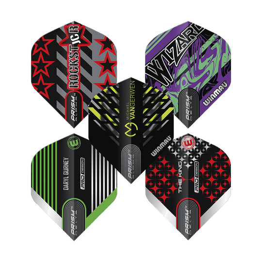 Das Bild zeigt fünf unterschiedlich gestaltete Dart-Flights aus der Winmau Players Pro Design Prism Flights Collection. Jeder Flight hat ein individuelles Design mit verschiedenen Farben, Mustern und Namen.
