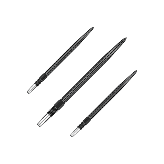 Target Swiss Point RVE dart tips - Black Das Bild zeigt drei schwarze Dartspitzen, die nebeneinander liegen. Sie sind schlank und haben ein strukturiertes Muster entlang der Spitze.