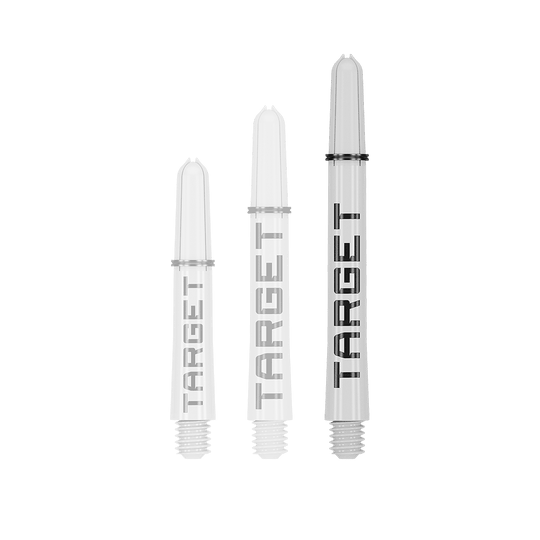 Target Pro Grip TAG Shafts - 3 Sets - White Auf dem Bild sind drei weiße Dartschäfte in unterschiedlichen Längen zu sehen. Auf jedem Schaft steht das Wort "TARGET" in schwarzen Buchstaben.