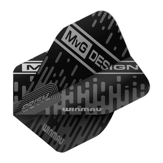 Das Bild zeigt ein schwarzes Dart-Flight mit dem Aufdruck "MvG Design" und "Winmau". Das Design ist modern mit silbernen Mustern und Linien gestaltet.