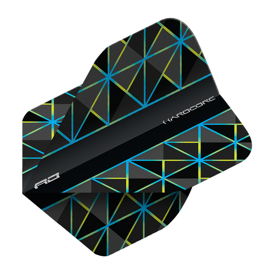 Das Bild zeigt ein Dartflight des Modells 'Red Dragon Hardcore Dragonfly 95 No2 Standard Flights'. Es ist schwarz mit blauen und gelben geometrischen Linien gestaltet.