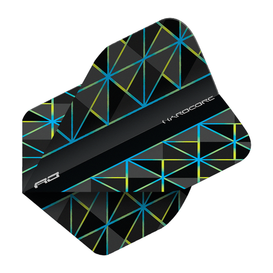 Red Dragon Hardcore Dragonfly 95 No2 Standard Flights Das Bild zeigt ein Dartflight des Modells 'Red Dragon Hardcore Dragonfly 95 No2 Standard Flights'. Es ist schwarz mit blauen und gelben geometrischen Linien gestaltet.