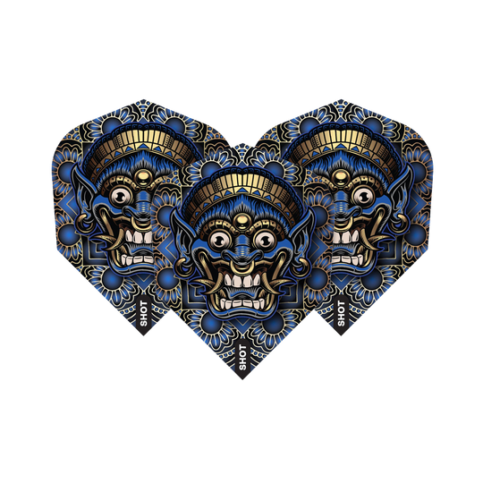 Shot Tribal Weapon Java No6 Flights Das Bild zeigt drei Dartflights mit einem auffälligen, tribal-inspirierten Maskendesign in Blau, Schwarz und Gold. Auf jedem Flight steht am Rand das Wort „SHOT“.