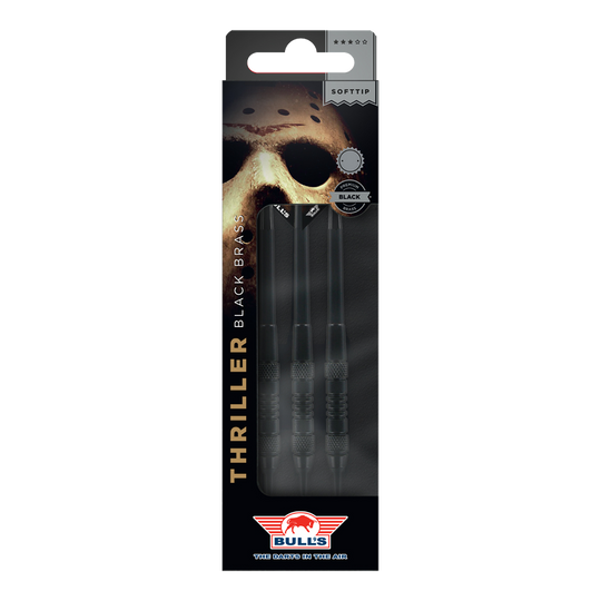Hier sind Bulls NL Thriller Black Brass Softdarts mit einem Gewicht von 18 Gramm abgebildet. Die Darts sind für das Softdartspiel konzipiert.