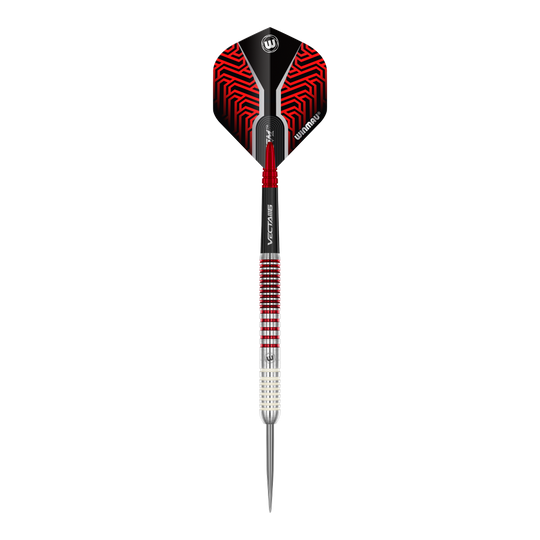 Auf dem Bild sind die Winmau Team 360 Jack Johnson Steeldarts mit 24g Gewicht zu sehen. Dieses Dart-Set ist beliebt bei erfahrenen Spielern.