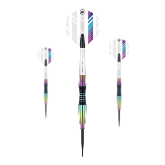 Winmau Elektra Steeldarts Das Bild zeigt drei Winmau Elektra Steeldarts mit weißen Flights und bunten, metallischen Schäften. Die Darts sind modern gestaltet und haben schwarze Spitzen.