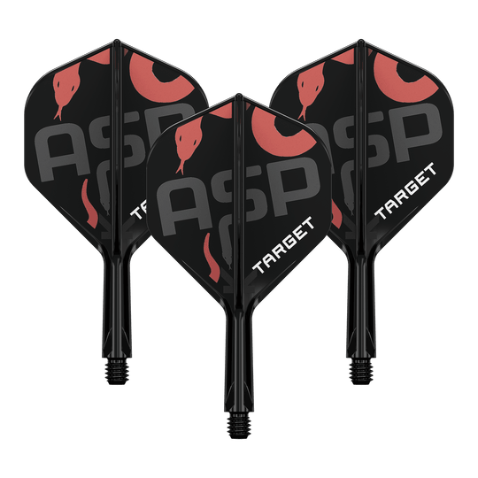 Target K-Flex Nathan Aspinall No2 Standard Flight Shaft System Auf dem Bild sind drei schwarze Dartflights mit Schäften zu sehen. Die Flights tragen die Aufschrift "ASP" und "TARGET" sowie ein rotes Schlangenmotiv.