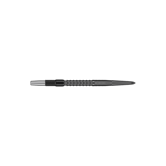 Target Swiss Firepoint Black dart tips Dies ist eine schwarze Dartspitze mit einem geriffelten Schaft. Sie ist lang und schlank geformt und misst 30 mm.