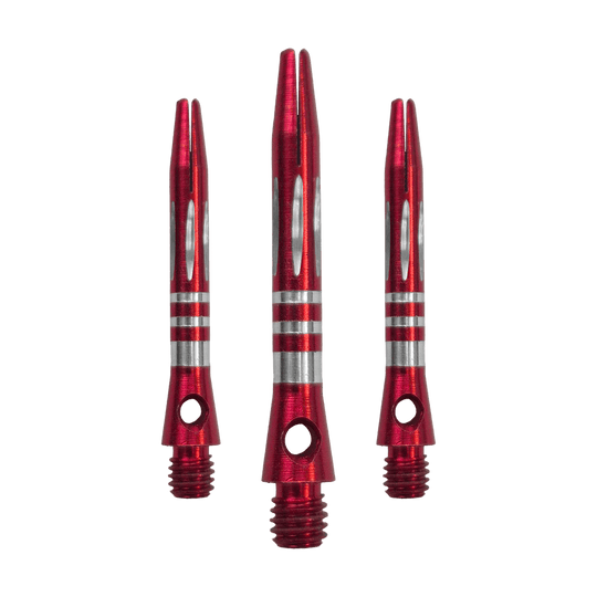 Ringed Diamond Cut Aluminum Shafts - Red - 35 mm Das Bild zeigt ein Set der Ringed Diamond Cut Aluminium Shafts - Rot - 35 mm. Mehrere rote Aluminium-Dartschäfte liegen nebeneinander.