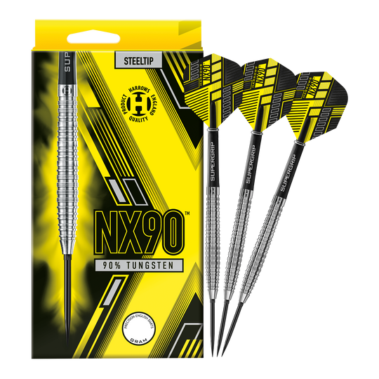 Das Bild zeigt die Harrows NX90 Tapered Quick Point Steeldarts in voller Ansicht. Die Steeldarts sind für Präzision und Qualität bekannt.
