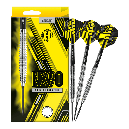 Harrows NX90 Tapered Quick Point Steel Darts Das Bild zeigt die Harrows NX90 Tapered Quick Point Steeldarts in voller Ansicht. Die Steeldarts sind für Präzision und Qualität bekannt.