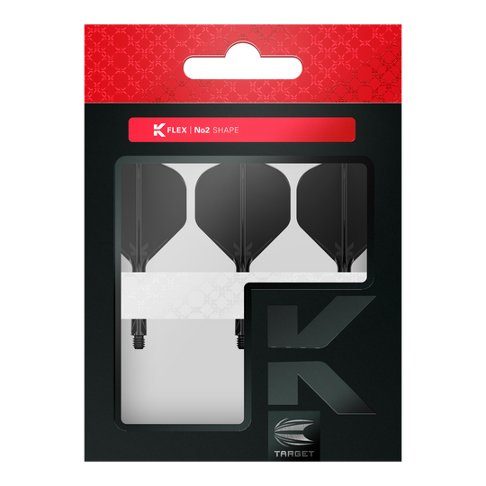 Target K-Flex No2 Standard Flight System - Black Die Abbildung zeigt eine Verpackung mit drei schwarzen Dartflights der Marke Target in No2-Form. Die Verpackung ist hauptsächlich schwarz mit einem roten oberen Bereich und einem Sichtfenster, das die Flights präsentiert.