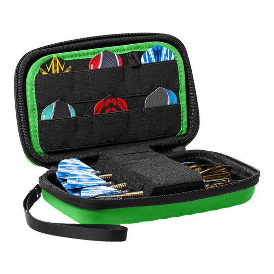 Bulls Orbis XL Dartcase - Green Das Bulls Orbis XL Dartcase in Grün ist auf dem Bild zu sehen. Es bietet ausreichend Stauraum für verschiedene Dartteile.
