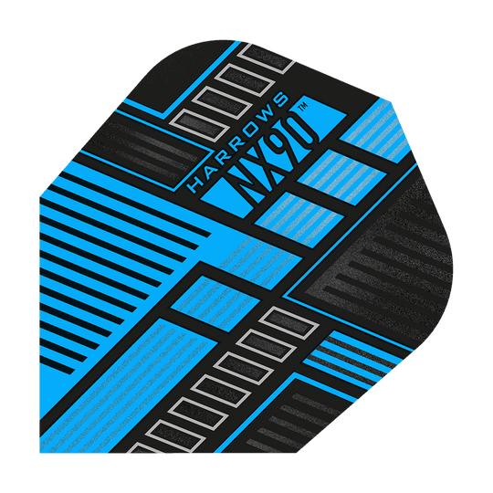 Das Bild zeigt das Produkt "Harrows Prime NX90 Blue Flights". Das Design ist modern mit schwarzen, blauen und silbernen geometrischen Linien und Mustern.