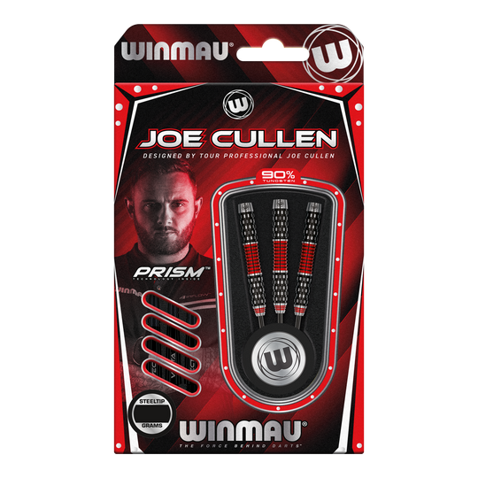 Winmau Joe Cullen Rockstar Series RS1 steel darts Die Verpackung zeigt die "Winmau Joe Cullen Rockstar Series RS1 Steeldarts". Im Inneren sind drei schwarz-rote Steeldarts zu sehen, die von Profispieler Joe Cullen entworfen wurden.