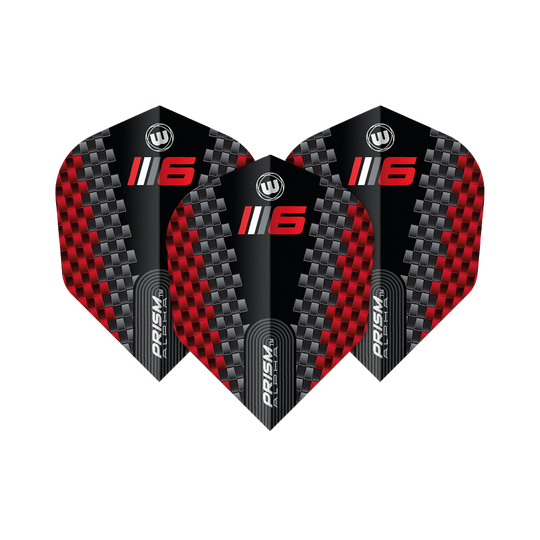 Das Bild zeigt drei Dart-Flights des Modells "Winmau Prism Alpha Blade 6 Chevron No6". Die Flights haben ein schwarzes Design mit roten und silbernen Karomustern sowie der Aufschrift „6“ und „PRISM ALPHA“.