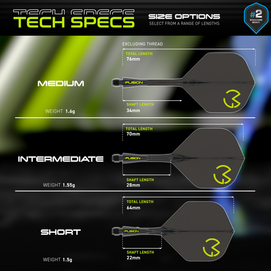 Winmau Fusion Flight Shaft System Michael Van Gerwen Pacman No2 Standard Das Bild zeigt die technischen Spezifikationen des Winmau Fusion Flight-Shaft-Systems Michael Van Gerwen Pacman No2 Standard. Es werden drei Größenoptionen (Medium, Intermediate, Short) mit ihren jeweiligen Längen und Gewichten dargestellt.