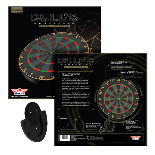 Das Bild zeigt das Bulls NL Advantage Black-Edition Steeldartboard. Dies ist eine schwarze Dartscheibe für Steeldart-Spiele.