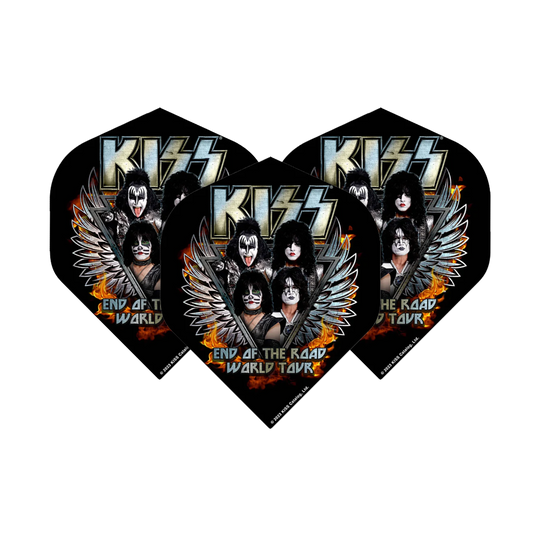 Das Bild zeigt drei Standard-Flights für Dartpfeile mit dem Motiv der Band KISS und dem Schriftzug "End of the Road World Tour". Auf den Flights sind die Bandmitglieder mit ihrem typischen Make-up und Flügeln abgebildet.