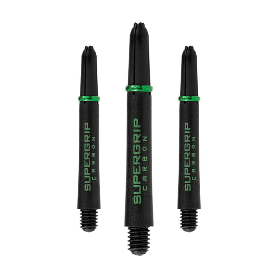 HR361_Harrows_Supergrip_Carbon_Shafts_Gr-n_40mm_1IIOSq6HkOpIu5 Das Bild zeigt drei schwarze Harrows Supergrip Carbon Shafts mit grünen Akzenten. Sie sind in unterschiedlichen Längen angeordnet und für Dartpfeile gedacht.