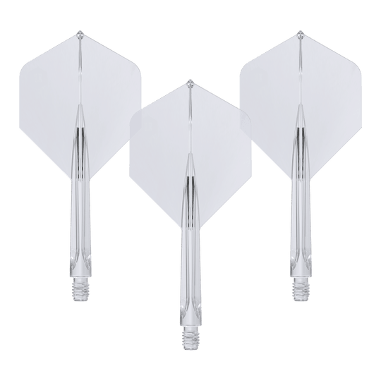 Unicorn Forge All In One Plus No2 Standard Flights Clear - Medium Das Bild zeigt drei klare, mittellange Unicorn Forge All In One Plus No2 Standard Flights. Sie sind durchsichtig und haben eine integrierte Flight- und Schaft-Konstruktion.