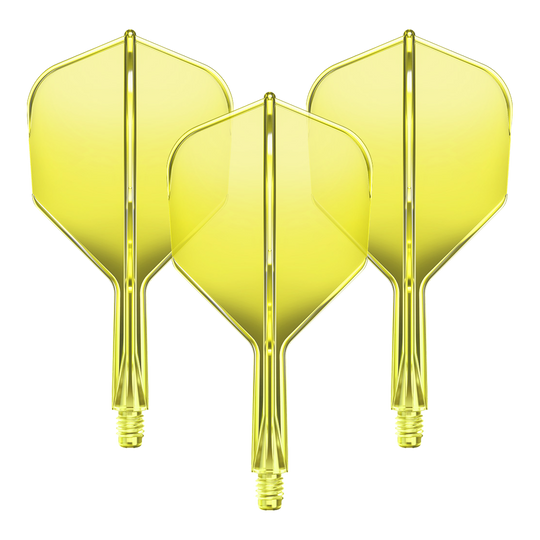 Ein Flight-Shaft-System GOAT A1R No6 in Neon-Gelb mit 19mm Länge ist zu sehen. Das Set besteht aus Komponenten für Dartpfeile.