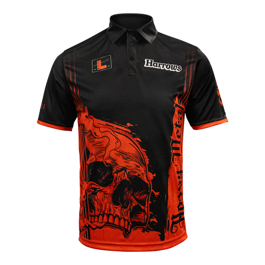 Das Bild zeigt das Harrows Ryan Searle Heavy Metal Playershirt. Es ist ein spezielles Dartshirt, das für Spieler entworfen wurde.