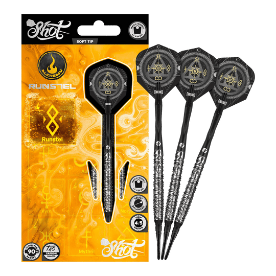 Das Bild zeigt die Shot Alchemy Runstel Softdarts mit 20 Gramm Gewicht. Die Darts sind vollständig und detailliert abgebildet.