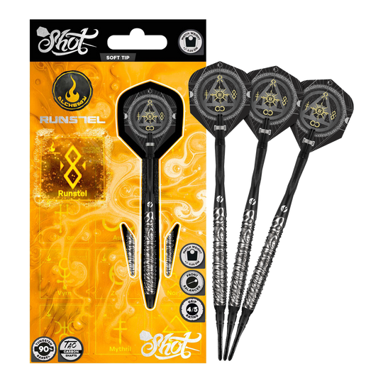 Shot Alchemy Runstel Soft Darts - 20g Das Bild zeigt die Shot Alchemy Runstel Softdarts mit 20 Gramm Gewicht. Die Darts sind vollständig und detailliert abgebildet.