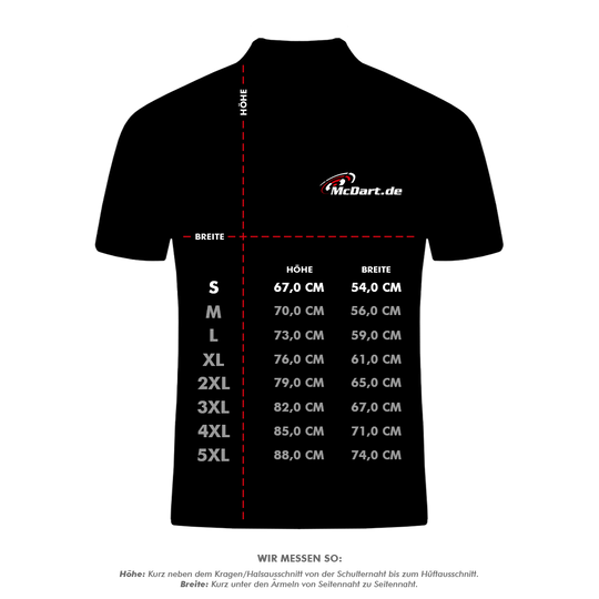 Das Bild zeigt eine Größentabelle für das Harrows Paragon Dartshirt - Gelb. Die Maße für Höhe und Breite sind für die Größen S bis 5XL in Zentimetern angegeben.