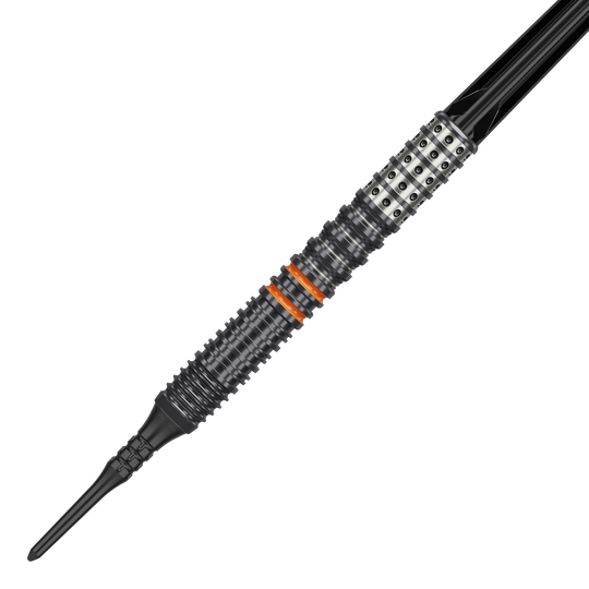 Das Bild zeigt einen Softdart namens "Target Japan Black Marque Morpheus GEN2" mit einem Gewicht von 19g. Der Dartpfeil hat ein schwarzes, geriffeltes Design mit silbernen und orangefarbenen Akzenten.