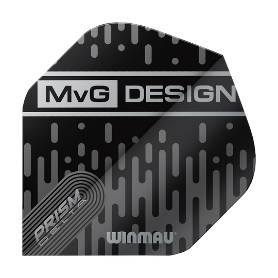 Das Bild zeigt ein schwarzes Dart-Flight mit silbernen Mustern und der Aufschrift "MvG DESIGN". Unten auf dem Flight stehen die Wörter "PRISM DELTA" und "WINMAU".