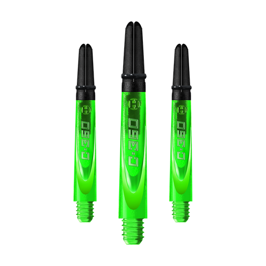 HR453_Harrows_Carbon_360_Shafts_Gr-n_42mm_1mMoZNLmG86rII Das Bild zeigt drei grüne Dartschäfte mit schwarzem Kopf. Auf den Schäften steht die Aufschrift "C:360".