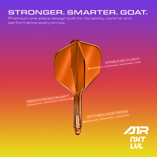 Das GOAT A1R No6 Flight-Shaft-System in Neon Orange ist auf diesem Bild abgebildet. Die farbenfrohe Gestaltung macht es besonders ansprechend für Dartspieler.