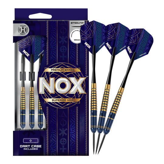 Abgebildet sind die Harrows Nox Premium Brass Steeldarts. Dieses Produkt zeichnet sich durch hochwertige Verarbeitung aus.