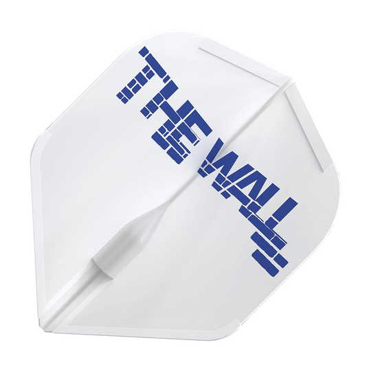 L-Style Martin Schindler White L1EZ Flights Das Bild zeigt ein weißes Dart-Flight mit der Aufschrift "THE WALL" in blauen Buchstaben. Es handelt sich um das Produkt "L-Style Martin Schindler Weiß L1EZ Flights".