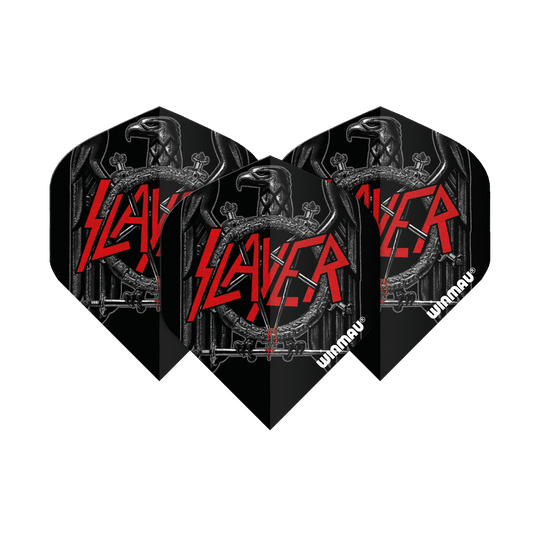 Das Bild zeigt drei Dartflights mit dem Slayer-Logo und einem schwarzen Adler-Design. Die Flights sind mit "Winmau" beschriftet und haben eine rockige Optik.