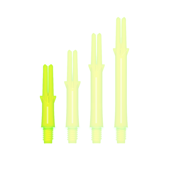 Auf dem Bild sind vier neon-gelbe Dart-Schäfte in verschiedenen Längen zu sehen. Sie haben ein gerades Design und ein Schraubgewinde am unteren Ende.