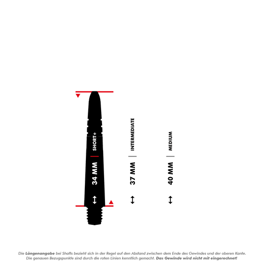 Winmau Vecta Shafts - Black Das Bild zeigt verschiedene Längenangaben für Dartshafts, wobei 34 mm als „Short+“, 37 mm als „Intermediate“ und 40 mm als „Medium“ markiert sind. Die rote Linie kennzeichnet, dass das Gewinde bei der Längenmessung nicht mit einberechnet wird.