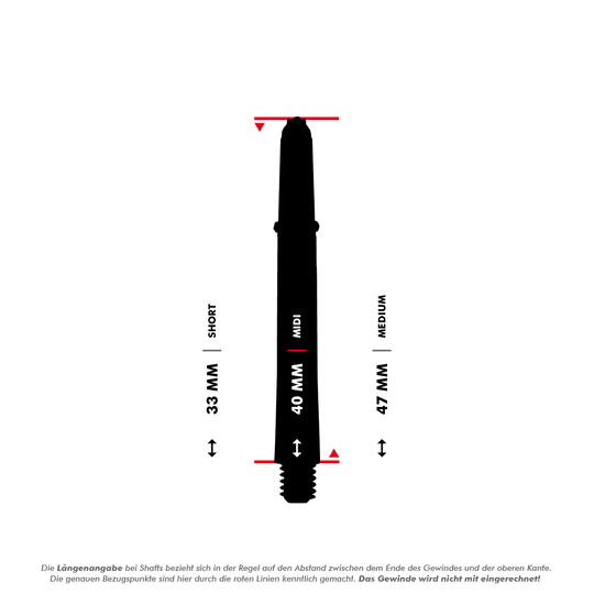 Das Bild zeigt die Harrows Supergrip Fusion Shafts in Gelb. Es werden die drei Längen Short (33 mm), Midi (40 mm) und Medium (47 mm) dargestellt.