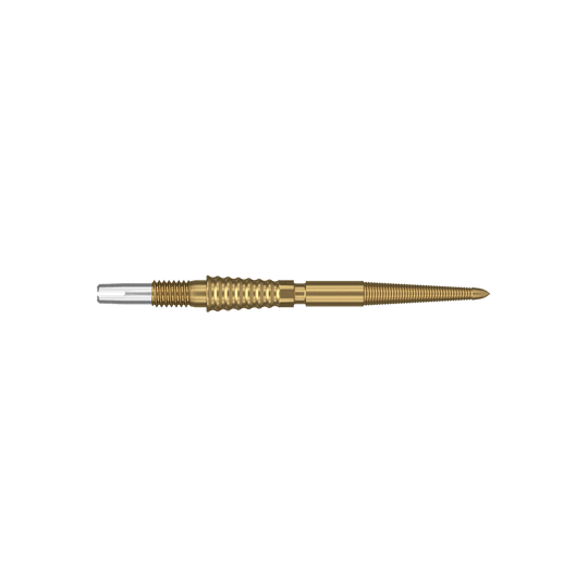 Target Swiss Storm LNC dart tips - gold Das Bild zeigt eine goldfarbene Dartspitze mit feinen Rillen und Gewinden. Sie ist lang und schlank, mit einem silbernen Anschluss am hinteren Ende.