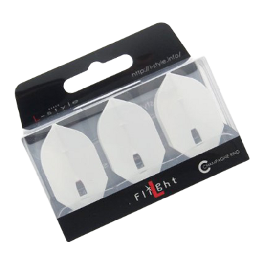 Das Bild zeigt eine Packung mit drei weißen L-Style L5PRO Rocket Flights. Die Flights sind ordentlich nebeneinander in einer durchsichtigen Verpackung angeordnet.