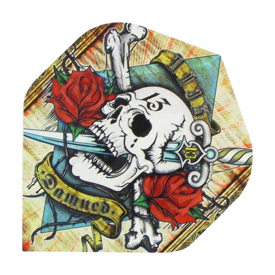 ALC4_Alchemy_Damned_Standard_Flights_1 Das Bild zeigt ein buntes Design mit einem Totenkopf, zwei roten Rosen und einem Dolch. Auf einem gelben Banner steht das Wort „Damned“.