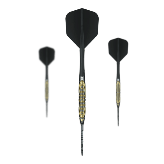 Auf dem Foto sind die Caliburn Halo H2 Steeldarts - 22,5g als komplettes Set zu sehen. Die Steeldarts liegen nebeneinander angeordnet.