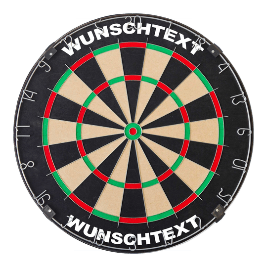 Dartboard mit Wunschtext Das Bild zeigt ein Dartboard mit traditionellem Design. Die Datei heißt 'MCDB_Dartboard_mit_Wunschtext_TraditionellerRingSilber_1_ArialBlack'.