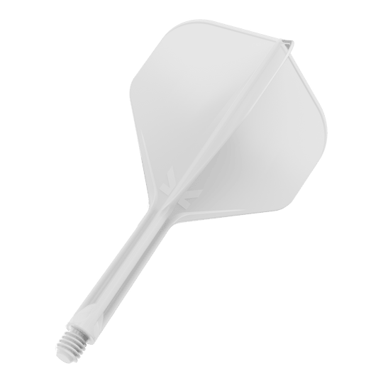 Target K-Flex No2 Standard Flight System - White Das Bild zeigt einen weißen Dartflight mit einem integrierten Schaft. Er hat eine standardmäßige, leicht eckige Form.