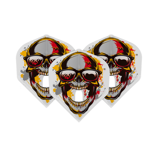 Das Bild zeigt drei L-Style Marijanovic V1 L1PRO Standard Flights. Auf jedem Flight ist ein auffälliger Totenkopf mit Sonnenbrille und bunten Farbeffekten abgebildet.