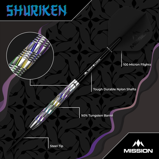 Mission Shuriken Steel Darts Mission Shuriken Steeldarts sind für ambitionierte Dartspieler geeignet. Das Foto zeigt die Mission Shuriken Steeldarts aus einer anderen Perspektive.