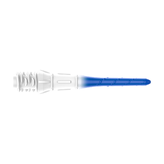 L-Style Premium Lippoint Gradiation Dart Tips (Pack of 30) Das Bild zeigt eine Dartspitze mit einem Farbverlauf von Weiß zu Blau. Die Spitze hat kleine Einkerbungen entlang des blauen Teils.