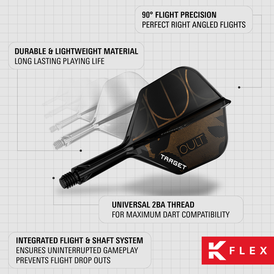 Das Bild zeigt das Target K-Flex Cult No2 Standard Flight-Shaft-System. Es handelt sich um ein Dart-Zubehör zur Verbesserung der Flugstabilität.